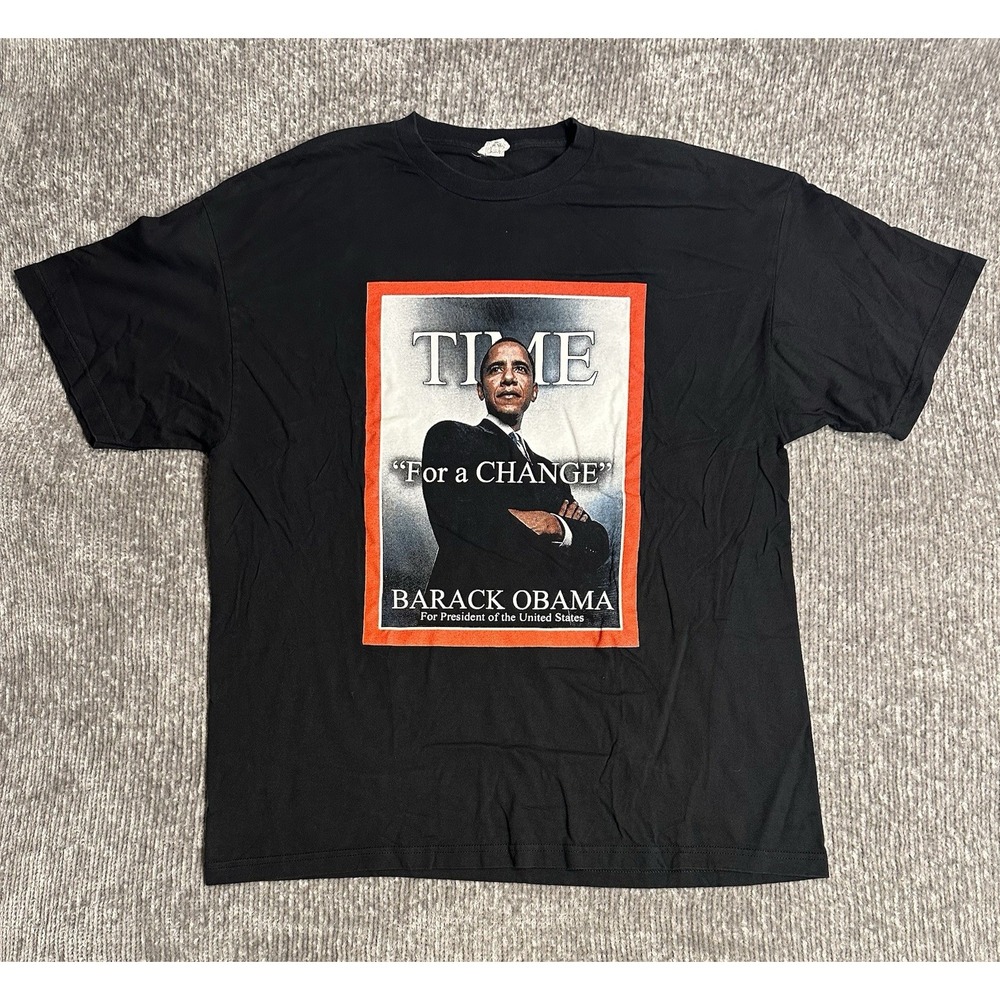 Vintage Obama TIME for A CHANGE Shirt Black Double Sided Graphic 2008 Y2K